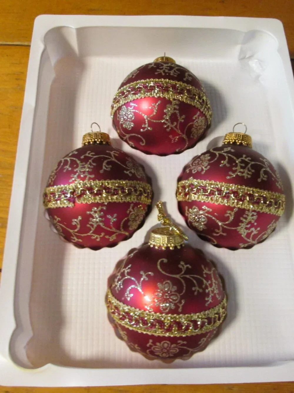 Vtg rauch red gold satin ribbon and glitter set of 4 ornament